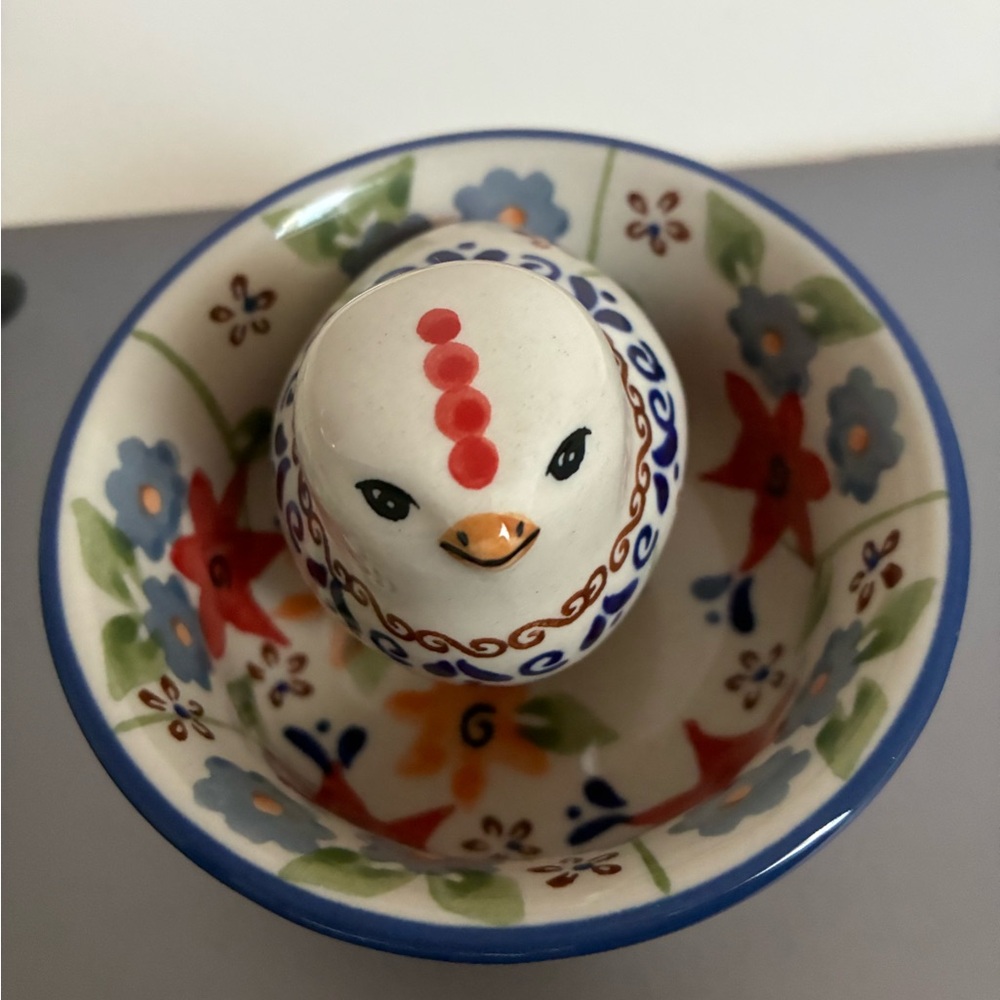 Polish Handcrafted Floral Ceramic Bowl & mini Chicken 🐣